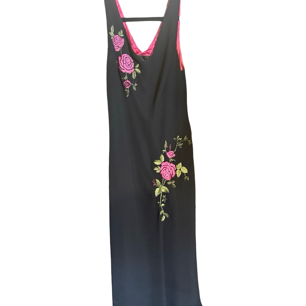 S.L. Fashions Black Dress with Pink Rose Embroidery